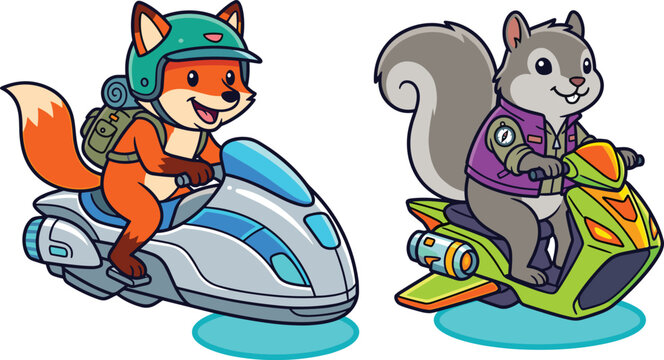 Cute cartoon fox and squirrel riding futuristic hover scooters in a vibrant sci-fi adventure vector illustration