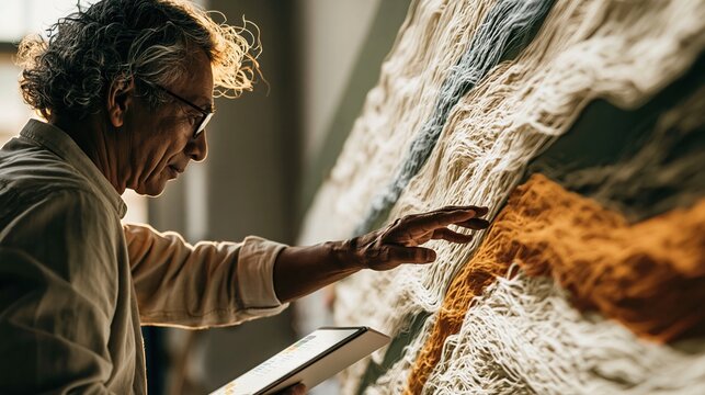 Mature man in profile inspecting textured glowing fiber patterns on a screen for architectural planning and infrastructure development