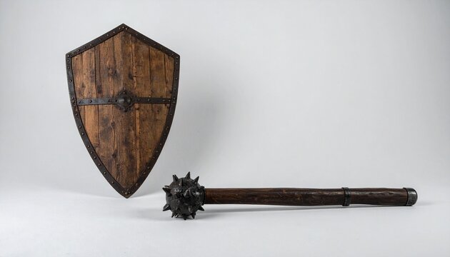 Wooden shield and spiked mace on gray background symbolizing medieval strength, defense, and craftsmanship.
