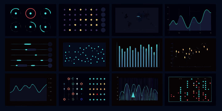 analytics dashboard grid with dark mode interface data visualization charts graphs metrics statistics monitoring performance analysis information technology software design