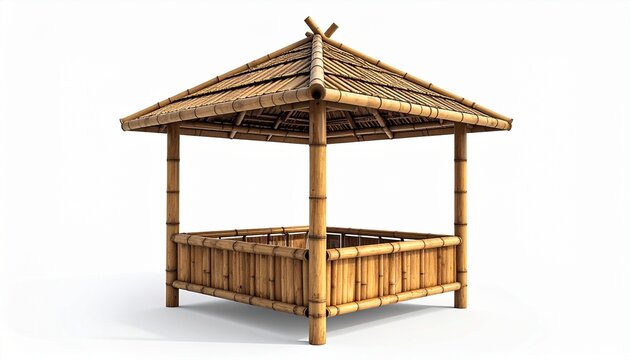 Square bamboo gazebo with pitched roof and panels symbolizing sustainability, craftsmanship, and natural design.