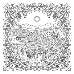 Fototapeta premium Vineyard Harvest Landscape Coloring Page with Grapes and Farmhouse