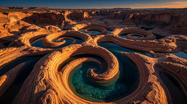 Microscopic mineral veins within the spiraling sandstone canyons revealing surreal turquoise pools under a golden sunset glow across the desert.