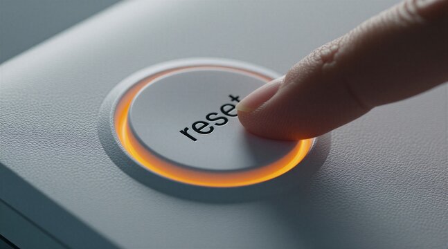 Human finger pushes round white reset button on electronic device panel. Glowing orange light indicates activation process. Person performs restart action to clear system errors. Technical equipment