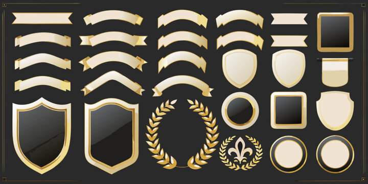 gold and black shields banners and laurels 3d rendered on dark background emblems badges ornate design vector illustration decorative elements