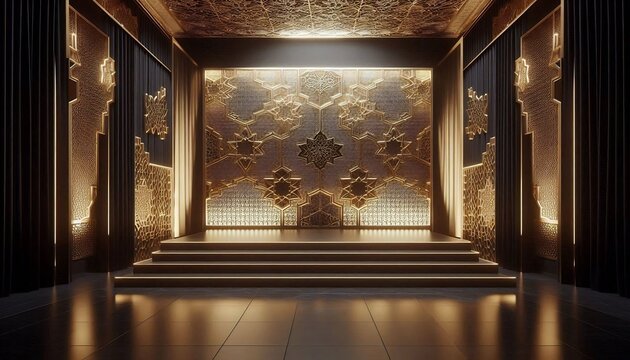 Luxurious golden stage with intricate geometric wall designs