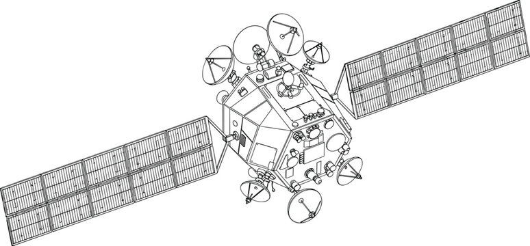 Detailed technical line drawing of an orbital satellite with solar arrays and communication dishes vector illustration