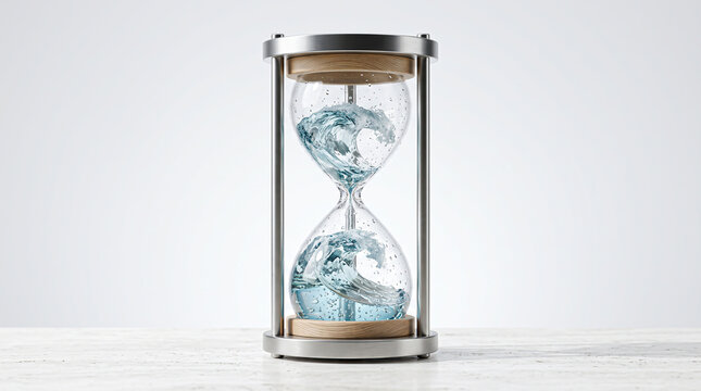 Conceptual Timepiece showcasing blue ocean waves splashing inside a metal hourglass structure representing climate change and the passage of moments.