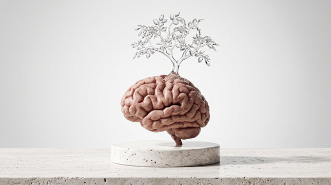 Sprouting silver wire branches from a realistic human brain model resting on a stone plinth symbolizing cognitive growth and creative intelligence.