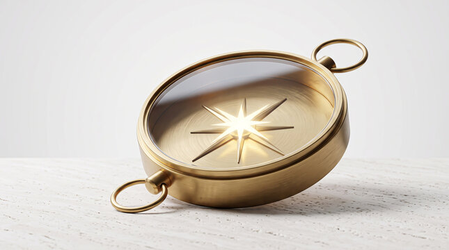 Directional clarity and strategic leadership symbolized by a polished brass compass needle glowing under intense studio lighting on a neutral base.