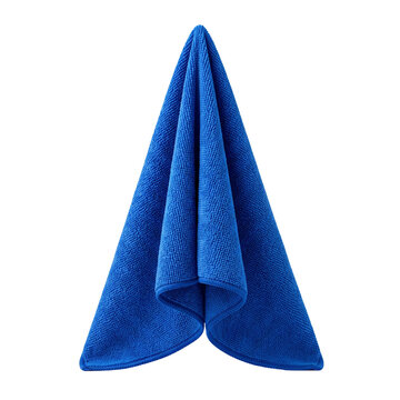 Blue Microfiber Cleaning Cloth Hanging Isolated on White Background