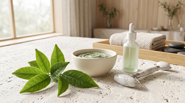 Arranging fresh green leaves beside a ceramic bowl of organic facial cream and marble skin roller on a textured travertine stone surface in a spa.