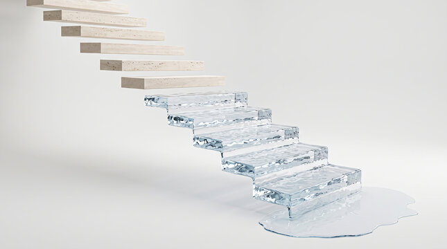 Fragility of progression symbolized by a surreal floating staircase transitioning from melting crystalline ice blocks into solid architectural wood.