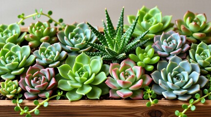 Fototapeta premium Variety of green succulents in rectangular wooden planter box. Different desert plants with thick leaves grow in organic soil. Colorful botanical garden arrangement for interior home decoration.