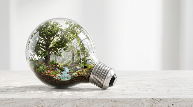 Environmental sustainability concept featuring a lush green forest ecosystem with a flowing stream meticulously preserved inside a glass light bulb.