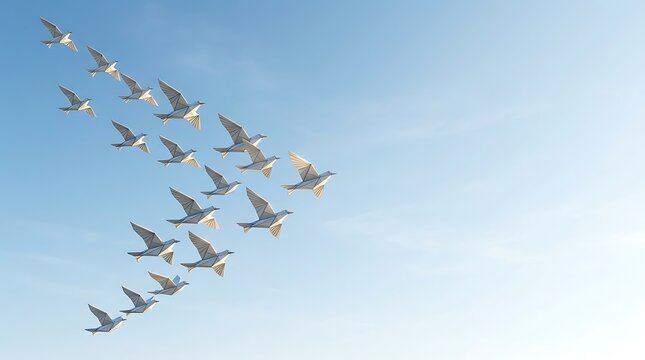 Flock of paper birds flying in formation for leadership concept