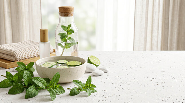 Infusing botanical essences into clear mineral water within textured ceramic vessels and glass carafes arranged on a porous stone countertop surface.