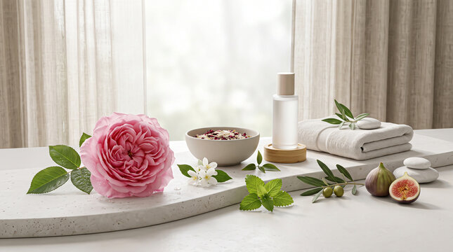 Delicate organic textures and botanical essences are carefully positioned on a carved mineral base to define a premium holistic skincare experience.