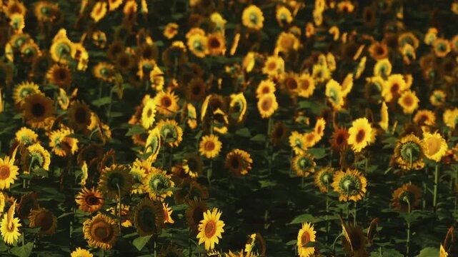 Rows of sunflowers stretch across the field as the sun sets in a rural area. Bright yellow flowers face the fading light during summer. The scene is lively with natural beauty.