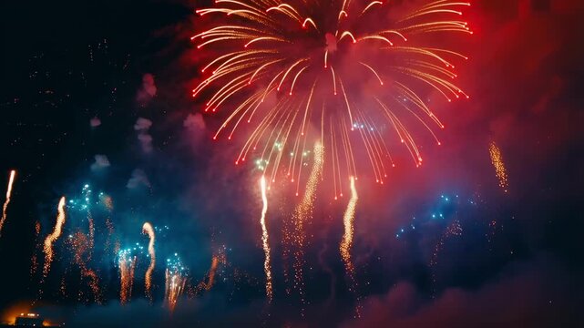 Dynamic fireworks exploding in night sky with colorful sparks and smoke trails