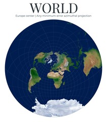 World Map. Airy minimum-error azimuthal projection minimizing scale distortion. High detail physical satellite view. Europe center at latitude 50 and longitude 10. © Eugene Ga