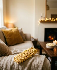 Obraz premium Realistic TV remote control made of buttery popcorn on a soft sofa in a cozy living room for home cinema and streaming season campaigns