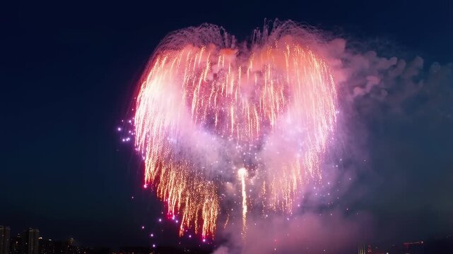 Colorful firework explosion forming heart shape at night with vibrant sparks and smoke