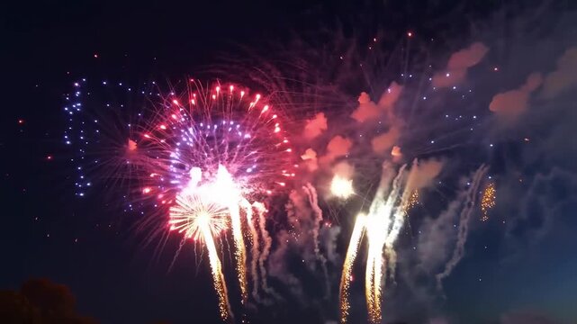 Colorful fireworks exploding in night sky with bright flashes and smoke during celebration