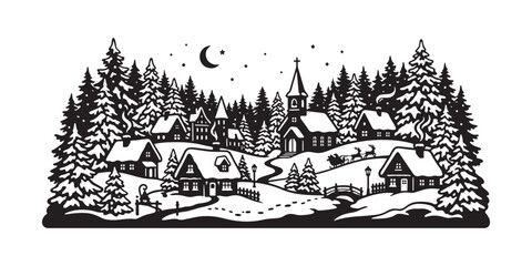 Obraz premium Winter village and forest landscape in black and white engraving style illustration