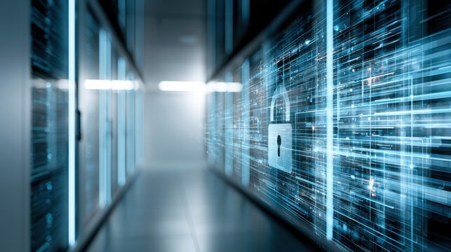 A digital representation of a secure server room, illuminated by blue lights and featuring a prominent lock icon, symbolizing data protection and cybersecurity