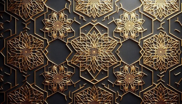 Luxurious moroccan geometric pattern with gold accents on dark background