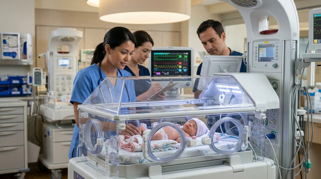 Medical Team Cares for Newborn Infant in NICU Incubator