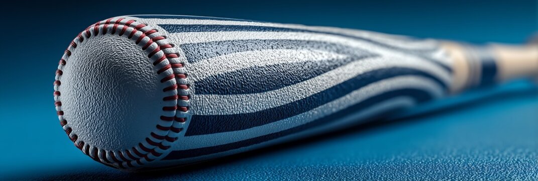 Closeup hybrid baseball bat ball leather red stitch textured surface, wide horizontal backdrop for baseball tournament promotional flyer, navy white stripe athletic gear print, New York baseball style