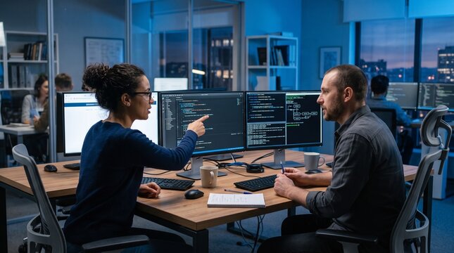 Software Developers Collaborating in Modern Technology Office