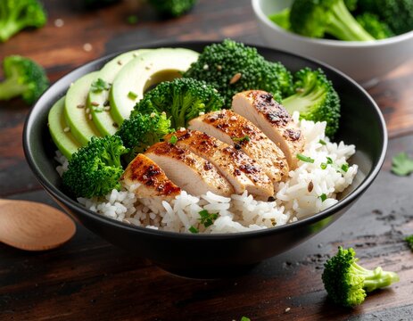 Healthy grilled chicken bowl with white rice, steamed broccoli, and sliced avocado