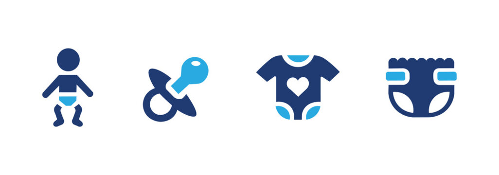 Baby icon set. Contains baby, pacifier, baby romper, and diaper icons. Solid icon pack.