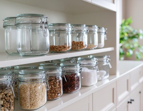 Glass jars filled with grains, nuts, and baking ingredients on kitchen pantry shelves