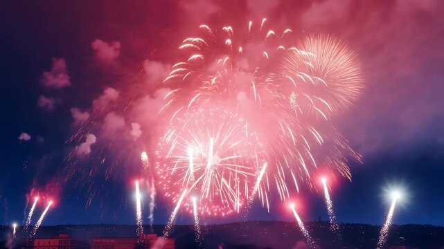 Colorful fireworks exploding in night sky during grand celebration with layered bursts and smoke trails