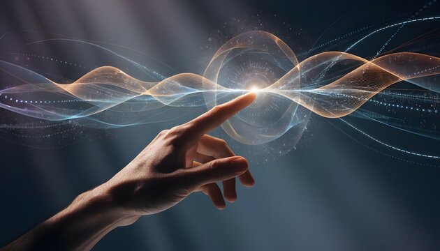 Ethereal energy frequency waves and particle light strings. Conceptual cyber space portal. Human finger touching a luminous point along glowing neon sound waves