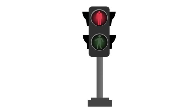 A graphic animation displays a pedestrian traffic light changing from a red stop sign to a flashing green walk signal on white and green screen backgrounds.