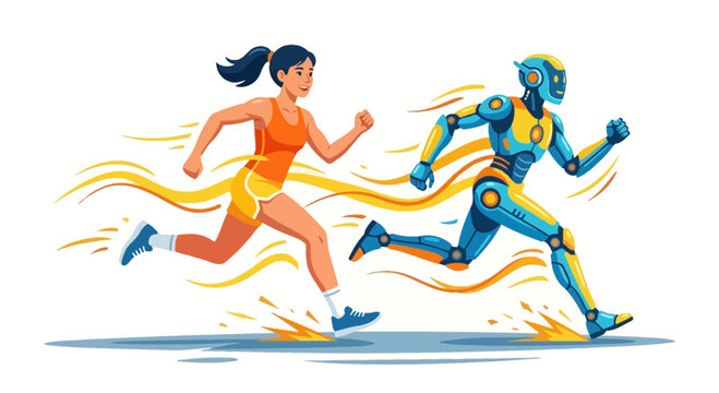 Woman and robot racing with speed during a summer athletic event
