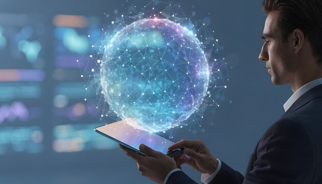 Luminous planet earth hologram and global connection system. Advanced satellite telemetry tracking. Businessman navigating a digital tablet interface under a glowing data sphere