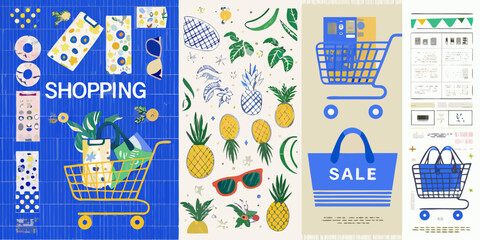 colorful shopping themed posters with illustrations pineapple tropical cart sale bag pattern vector graphic design retail market consumerism summer fashion © Pabitra
