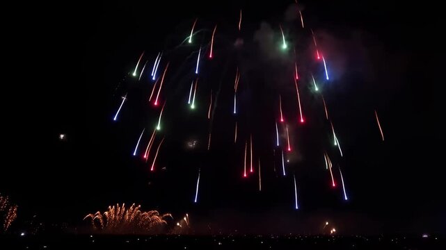 Epic Firework Explosion with Long Sparkling Trails in Night Sky Celebration