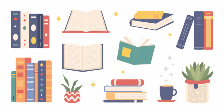 books stack colorful flat illustration on white background reading literature education library study knowledge bookshelf open closed plant cup sparkles