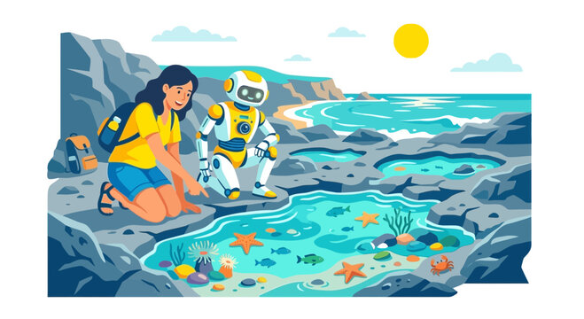 Woman and robot exploring tide pools on a sunny summer beach