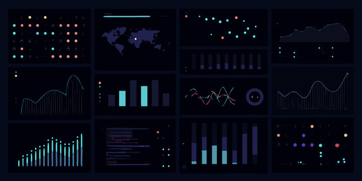 analytics dashboard with various charts and graphs in dark mode data visualization bar chart line graph world map scatter plot