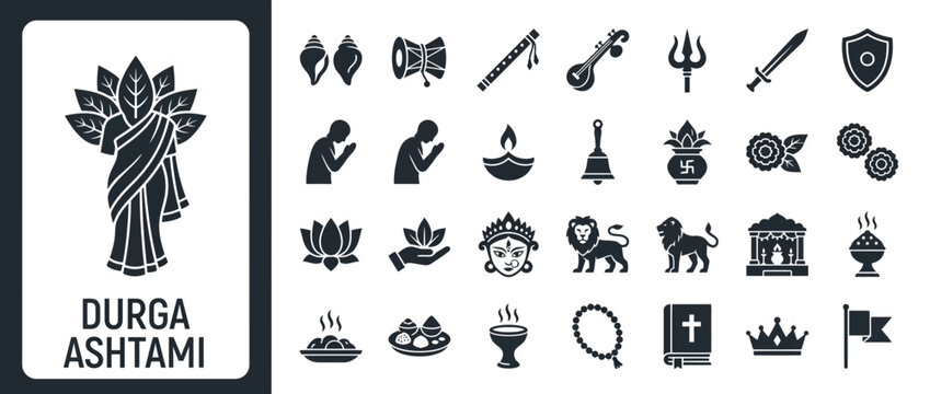 Durga Ashtami Icons: Hindu Goddess, Worship, Culture, Symbols, Celebration