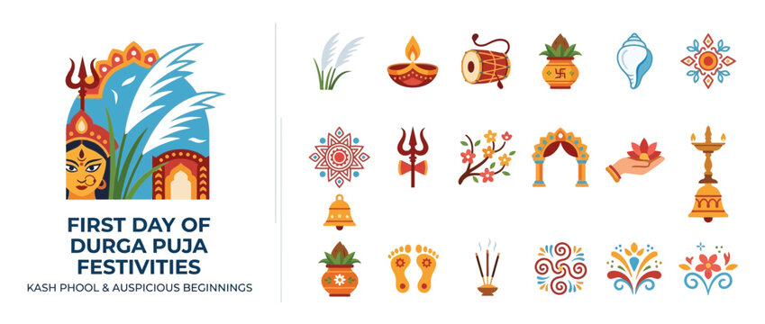 Durga Puja Festivities Icons: Goddess Face, Kash Phool, Drum, Lamp, Symbols