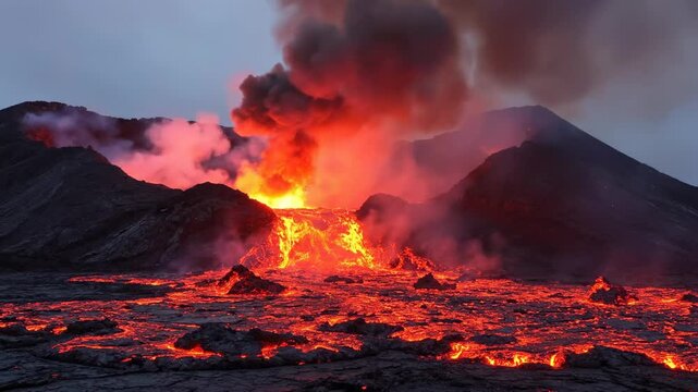 A massive volcanic eruption sends molten lava flows down the mountain slopes under a dark sky while dense plumes of smoke and ash fill the air creating an intense and powerful geological